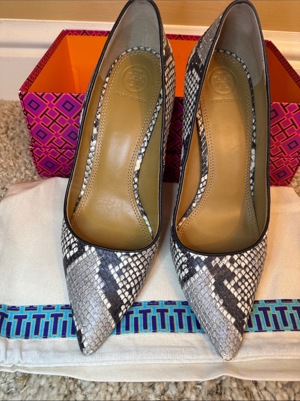 Tory Burch Black and White Snake-Print Pointed Toe Pumps
